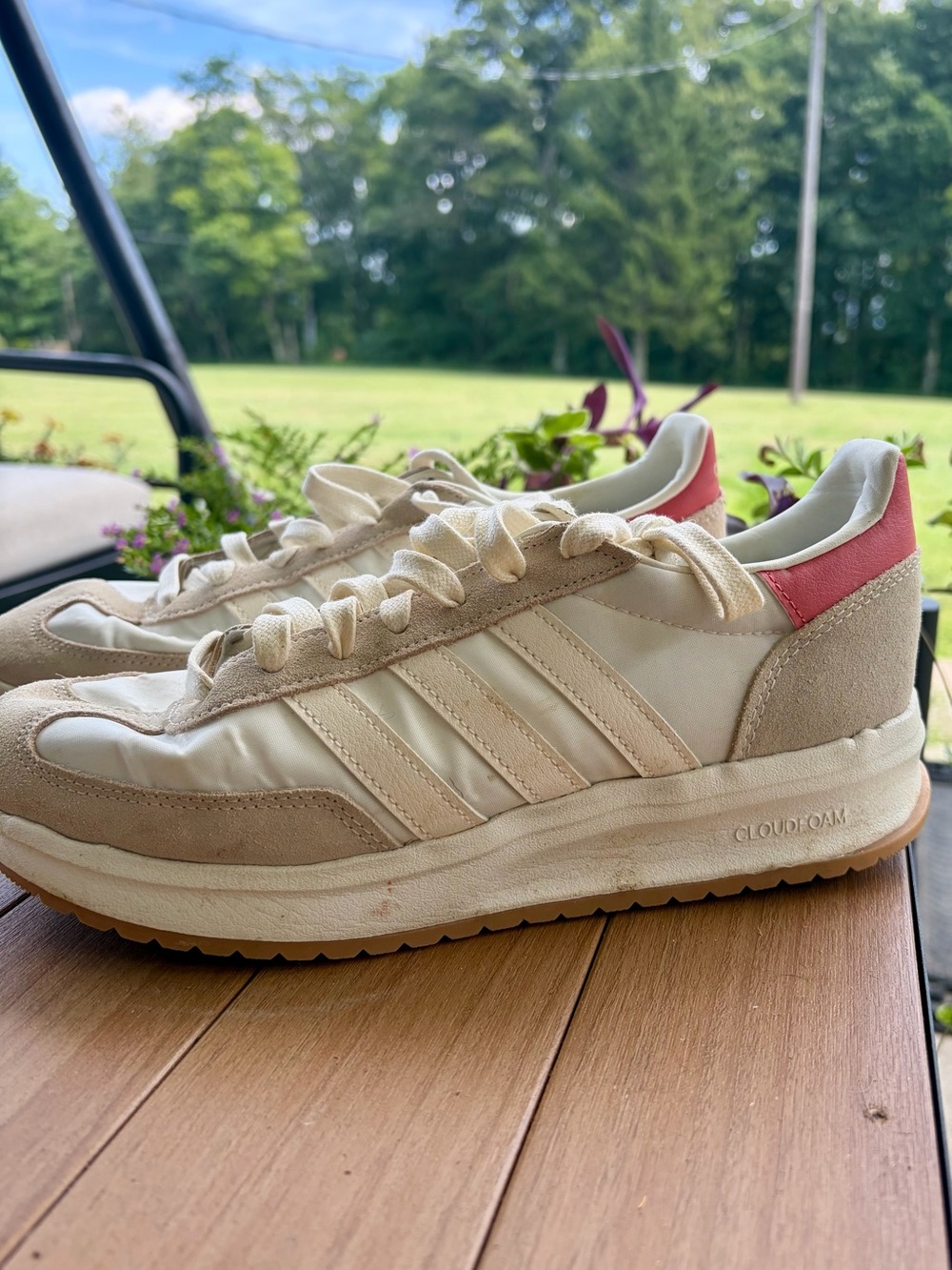 adidas Women’s Cream Suede & Pink Heel Cloudfoam Sneakers